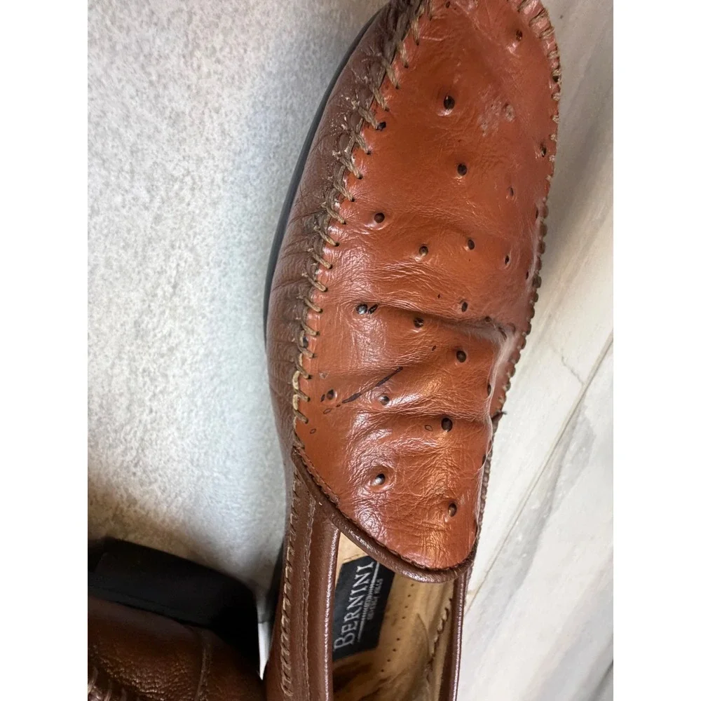 Vintage Bernini Beverly Hills Brown Ostrich Leather Loafers Handmade Italy 40 Cognac Ostrich Belgian Slipper - Jp Couture main image 4